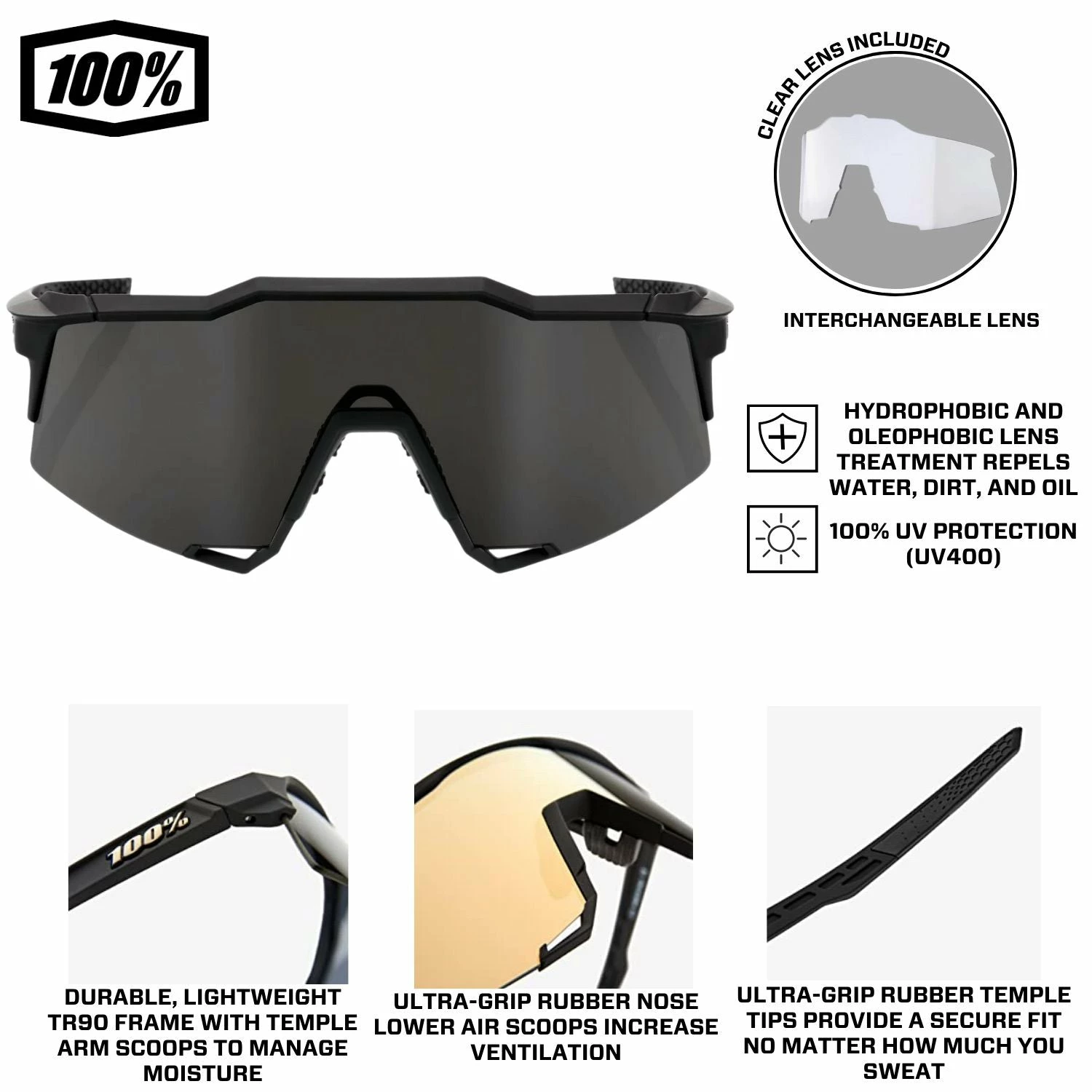 100% Speedcraft Sport Performance Baseball Sunglasses HD Interchangeable Lens (Soft Tact Black - Smoke Lens) 4 100% Speedcraft Sport Performance Baseball Sunglasses HD Interchangeable Lens (Soft Tact Black - Smoke Lens) - Image 4