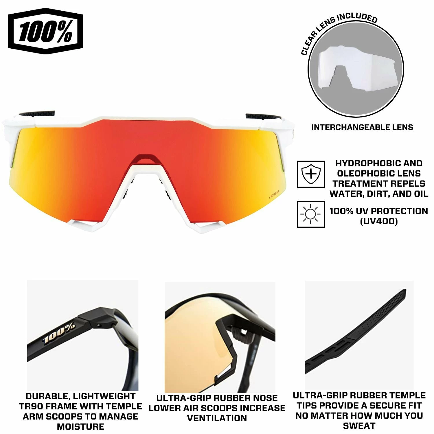 100% Speedcraft Sport Performance Baseball Sunglasses HD Interchangeable Lens (Soft Tact Off White - Red Multilayer Mirror Lens) 4 100% Speedcraft Sport Performance Baseball Sunglasses HD Interchangeable Lens (Soft Tact Off White - Red Multilayer Mirror Lens) - Image 4