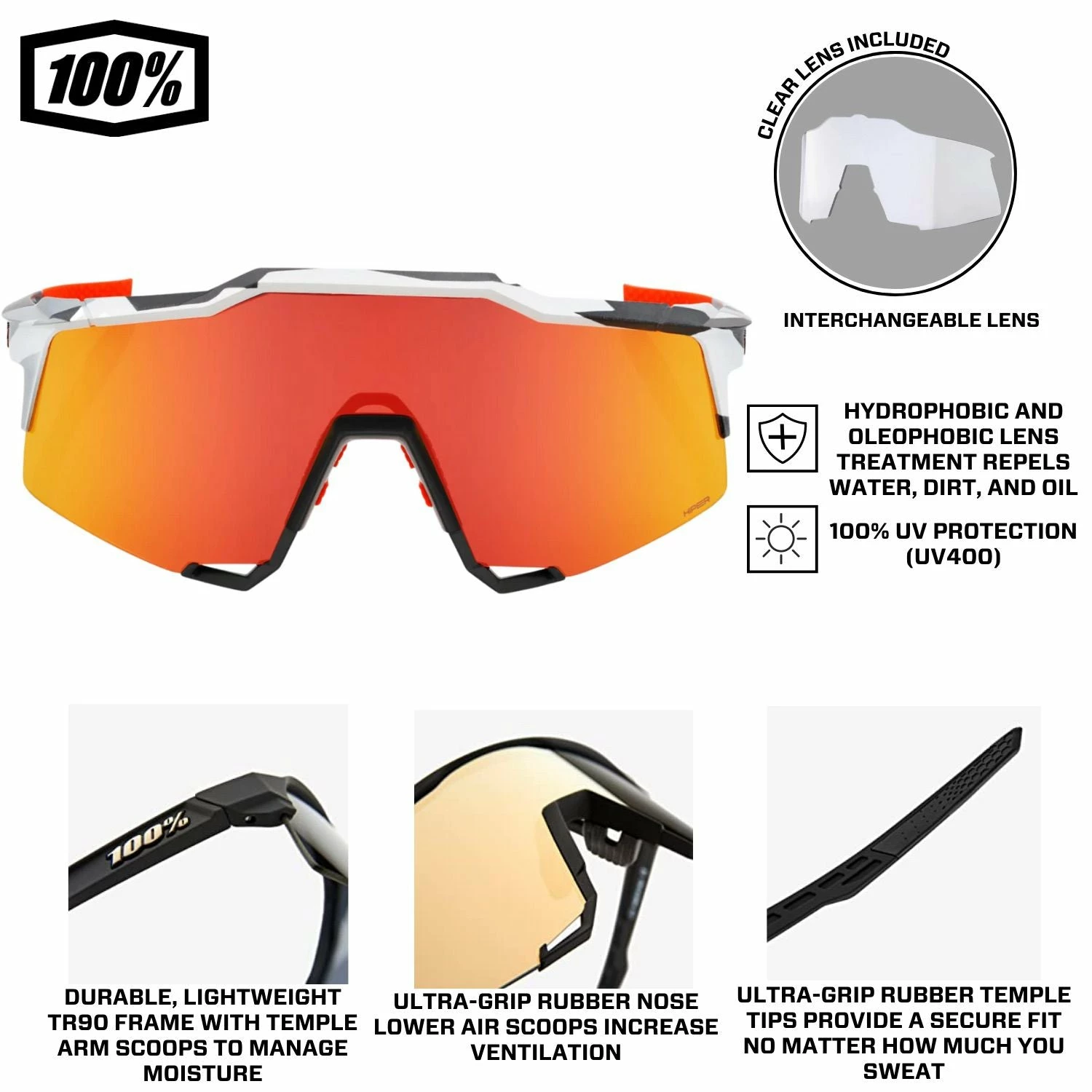 100% Speedcraft Sport Performance Baseball Sunglasses HD Interchangeable Lens (Soft Tact Grey Camo - Red Multilayer Mirror Lens) 4 100% Speedcraft Sport Performance Baseball Sunglasses HD Interchangeable Lens (Soft Tact Grey Camo - Red Multilayer Mirror Lens) - Image 4
