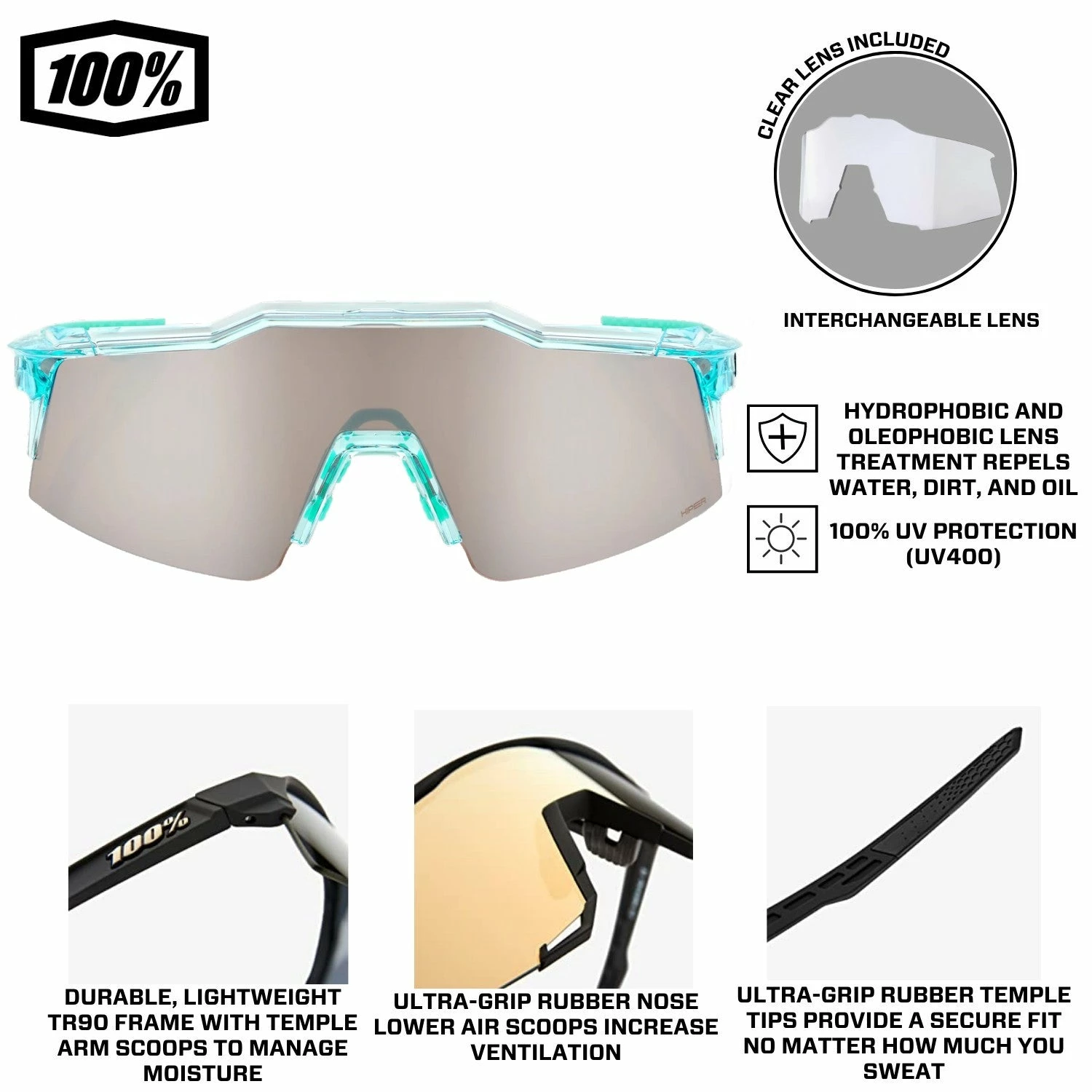 100% Speedcraft SL Performance Vented Baseball Sport Sunglasses (Polished Translucent Mint-Hiper Silver Mirror) 7 100% Speedcraft SL Performance Vented Baseball Sport Sunglasses (Polished Translucent Mint-Hiper Silver Mirror) - Image 7