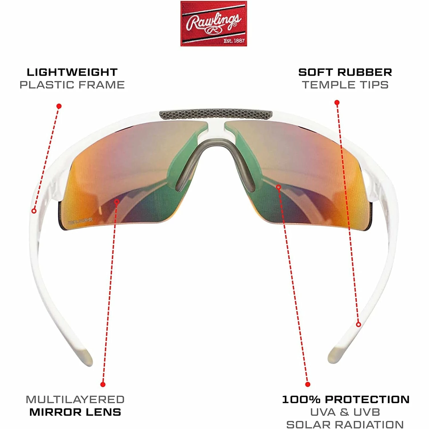 Rawlings Adult Shield Baseball Sunglasses Lightweight Sports Sun Glasses For Running, Softball, Rowing, Cycling (White/Gray) 9 Rawlings Adult Shield Baseball Sunglasses Lightweight Sports Sun Glasses For Running, Softball, Rowing, Cycling (White/Gray) - Image 9