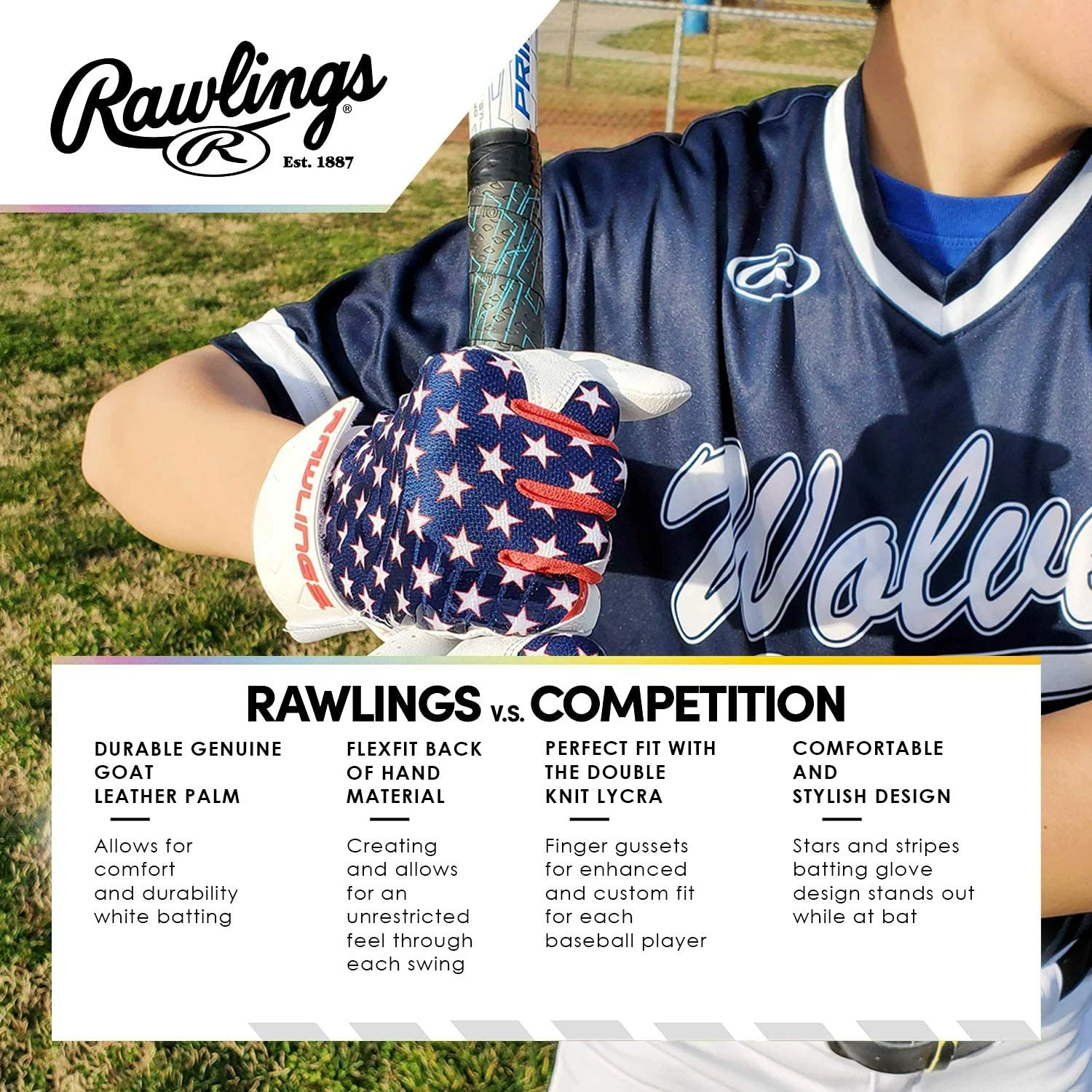 Rawlings X Guardian Baseball 5150 Batting Gloves (American Flag Stars & Stripes) 5 Rawlings X Guardian Baseball 5150 Batting Gloves (American Flag Stars & Stripes) - Image 5