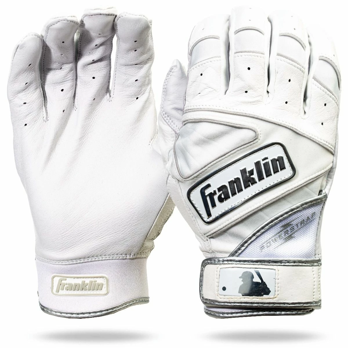 Franklin Sports MLB Powerstrap Chrome Adult Batting Gloves (White/Chrome) 1 Franklin Sports MLB Powerstrap Chrome Adult Batting Gloves (White/Chrome)