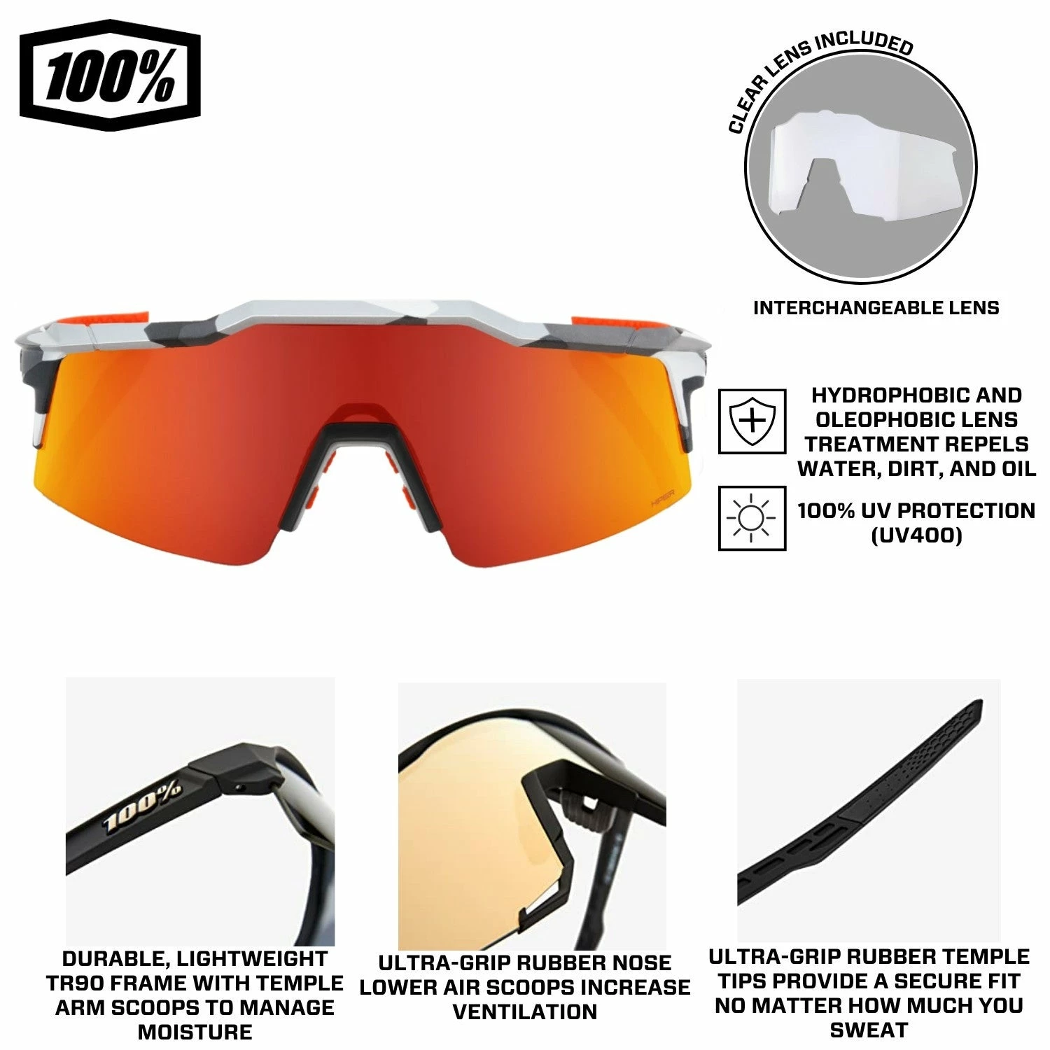 100% Speedcraft SL Performance Vented Baseball Sport Sunglasses (Soft Tact Grey Camo-HiPER Red Multilayer Mirror Lens) 4 100% Speedcraft SL Performance Vented Baseball Sport Sunglasses (Soft Tact Grey Camo-HiPER Red Multilayer Mirror Lens) - Image 4
