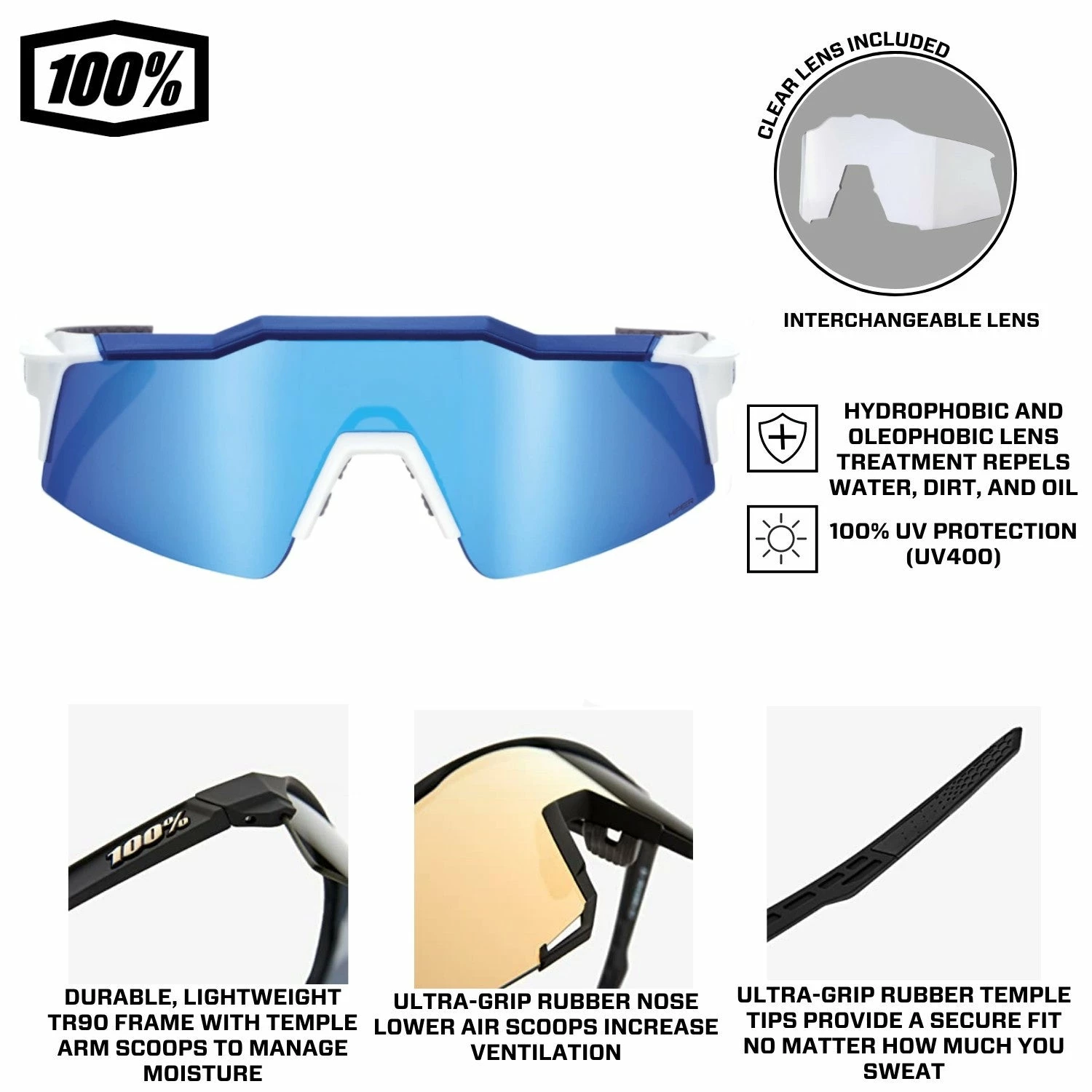 100% Speedcraft SL Performance Vented Baseball Sport Sunglasses (Matte White/Metallic Blue-HiPER Blue Multilayer Mirror Lens) 5 100% Speedcraft SL Performance Vented Baseball Sport Sunglasses (Matte White/Metallic Blue-HiPER Blue Multilayer Mirror Lens) - Image 5